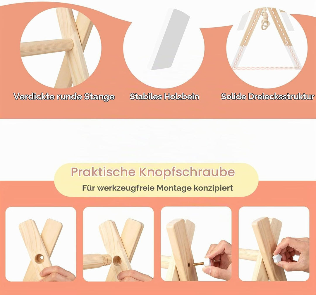 LIFEZEAL Spieltrapez Holz, Babyspielgerät Mit 3 Spielzeugen, Holzspielzeug, Turnhalle Klappbar für B