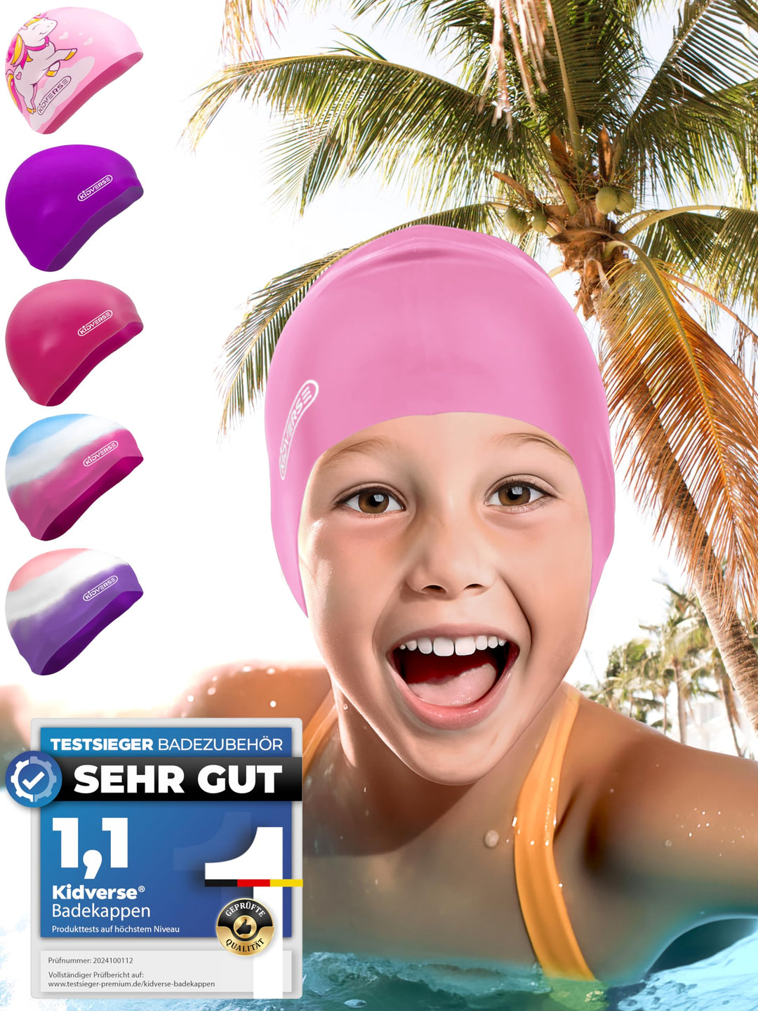 KIDVERSE Badekappe Mädchen - Wasserdichte Badekappe mit Anti-Rutsch-Noppen - Schwimmhaube mit UV-Sch