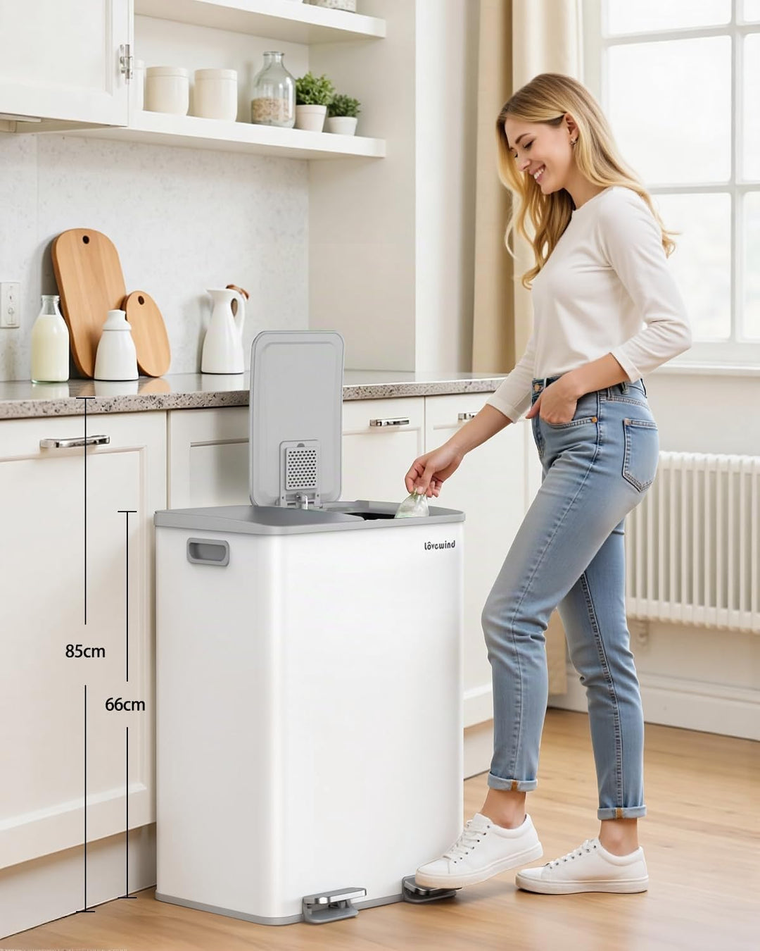 lovewind Mülleimer, 2 x 30L Mülleimer Küche, Doppeleimer für Recycling und Abfall, Weiss, Mülleimer