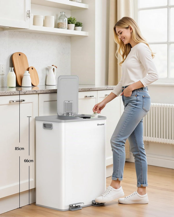 lovewind Mülleimer, 2 x 30L Mülleimer Küche, Doppeleimer für Recycling und Abfall, Weiss, Mülleimer