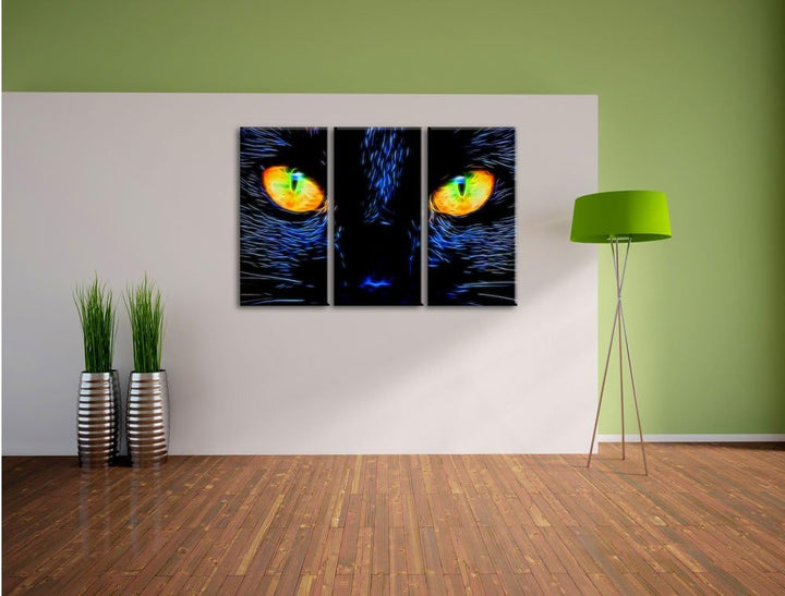 Pixxprint Katze mit Augen als Leinwandbild/Grösse: 3 Teilig (120x80 cm) cm/Wandbild/Kunstdruck/ferti