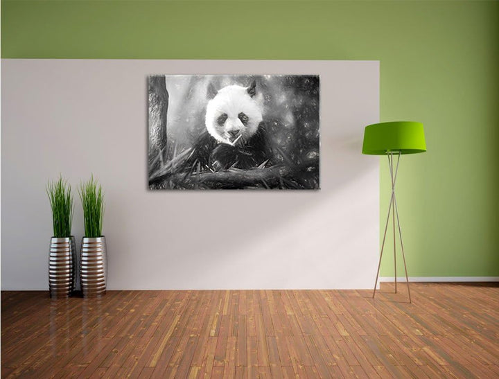 Pixxprint Niedlicher Panda isst Bambus Kunst / 100x70cm Leinwandbild bespannt auf Holzrahmen/Wandbil