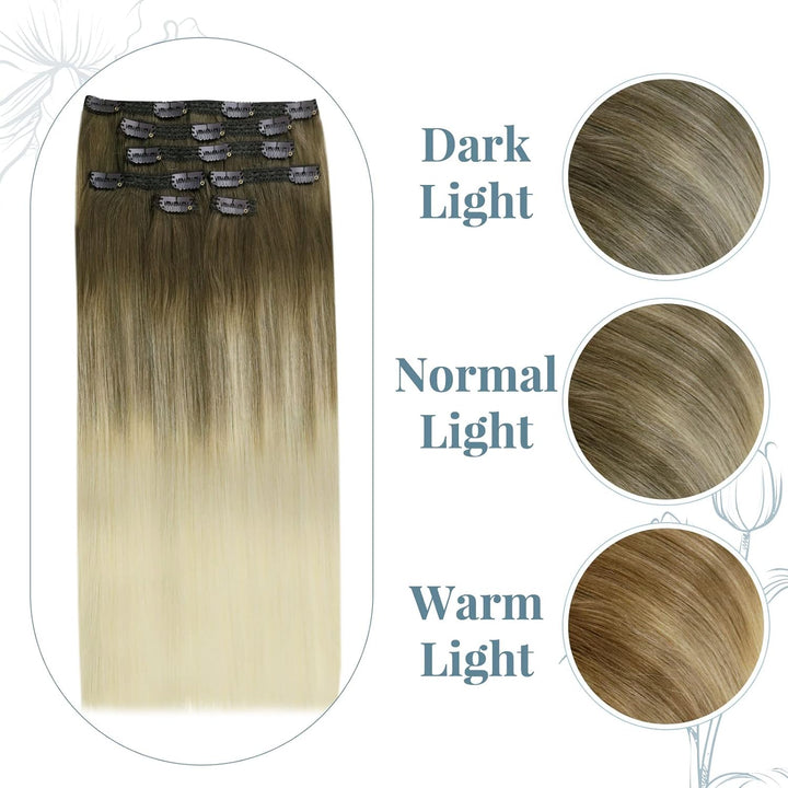 RUNATURE Echthaar Extensions Clip Balayage Braun Blond Clip in Extensions Echthaar 40cm Glatt Haarve