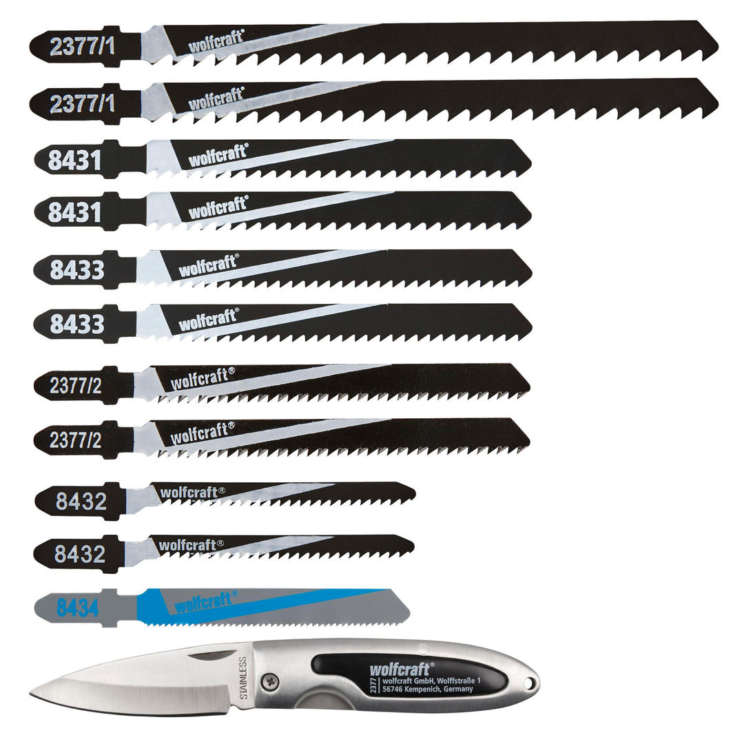 wolfcraft Stichsägeblätter-Set, T-Schaft, 12-tlg. - Das Allround-Set für den Innenausbau - 10 Stichs