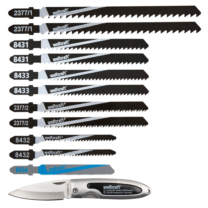 wolfcraft Stichsägeblätter-Set, T-Schaft, 12-tlg. - Das Allround-Set für den Innenausbau - 10 Stichs