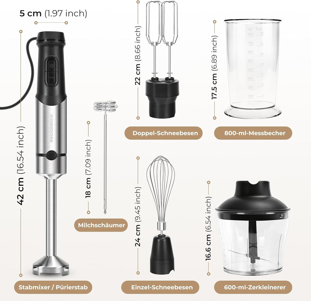 Stabmixer Set 1200W mit 12 Geschwindigkeiten & Turbofunktion – Edelstahl Pürierstab für Suppen, Soss