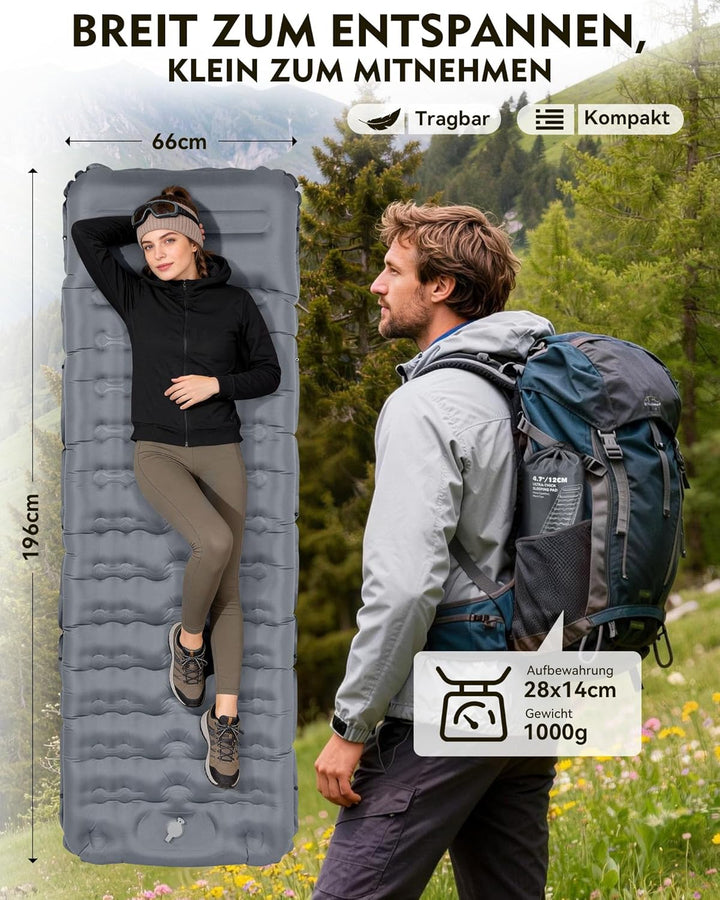 HIKENTURE Isomatte Camping, 12CM Ultradicke Isomatte Ultraleicht mit Kissen, Aufblasbare Matratze Kl