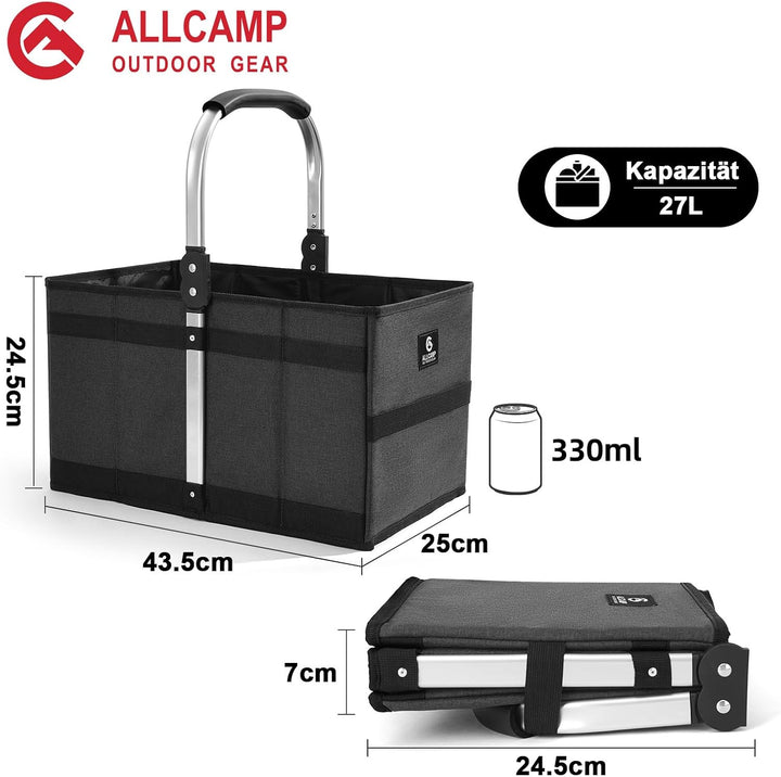 ALLCAMP 27L Einkaufskorb Faltbar | Verstärkter Boden & Alu-Griff | Stabil & Platzsparend für Kofferr