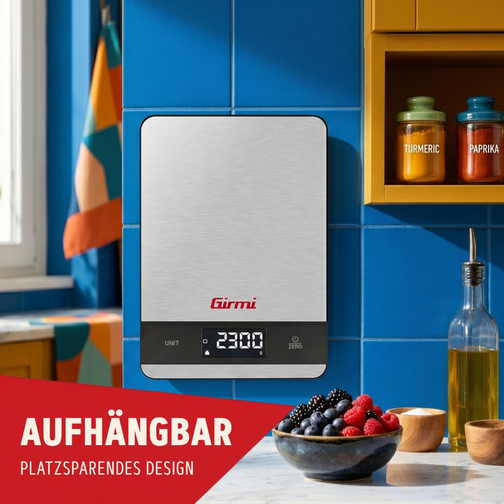Girmi PS05 Elektronische Küchenwaage, 1 g/5 kg, Platte aus Edelstahl, Display mit hoher Helligkeit,