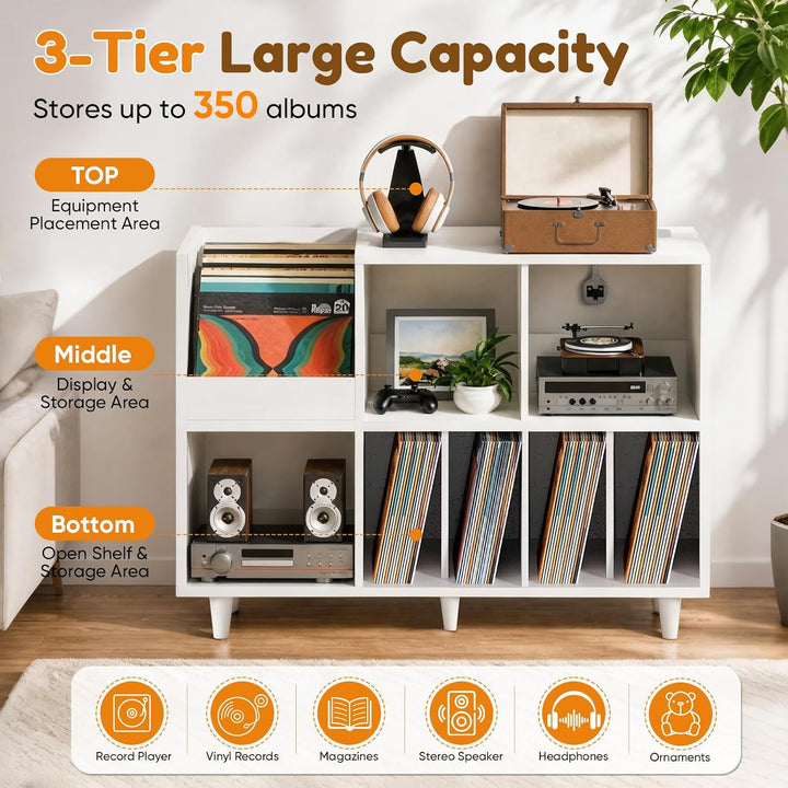 Plattenständer Holz mit Steckdosen &amp; USB, 3 Ebenen für 350 Schallplatten