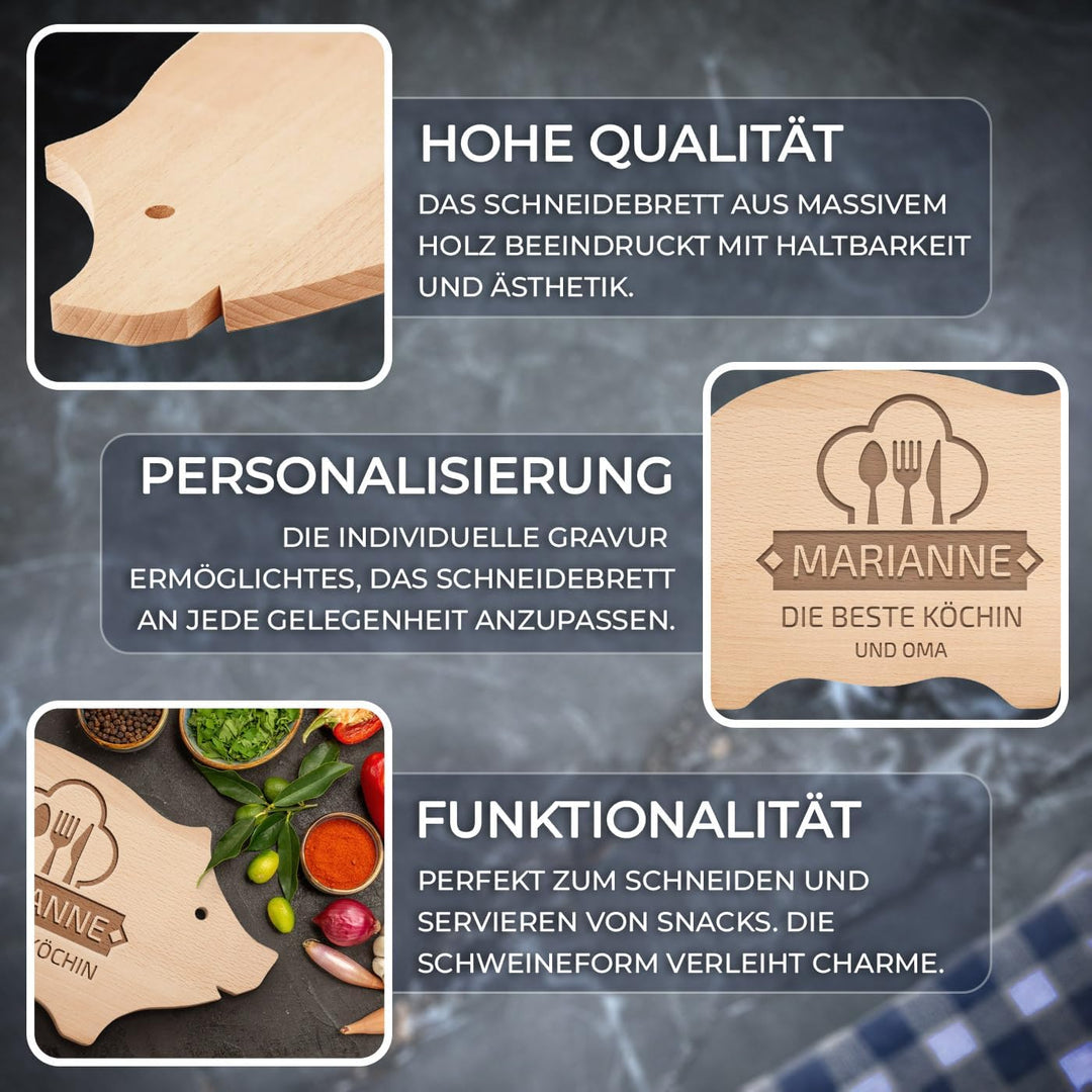 Maverton Schneidebrett Schweinchen mit Gravur - aus Buchenholz - Brotzeitbrett Küchenbrett - Grösse: