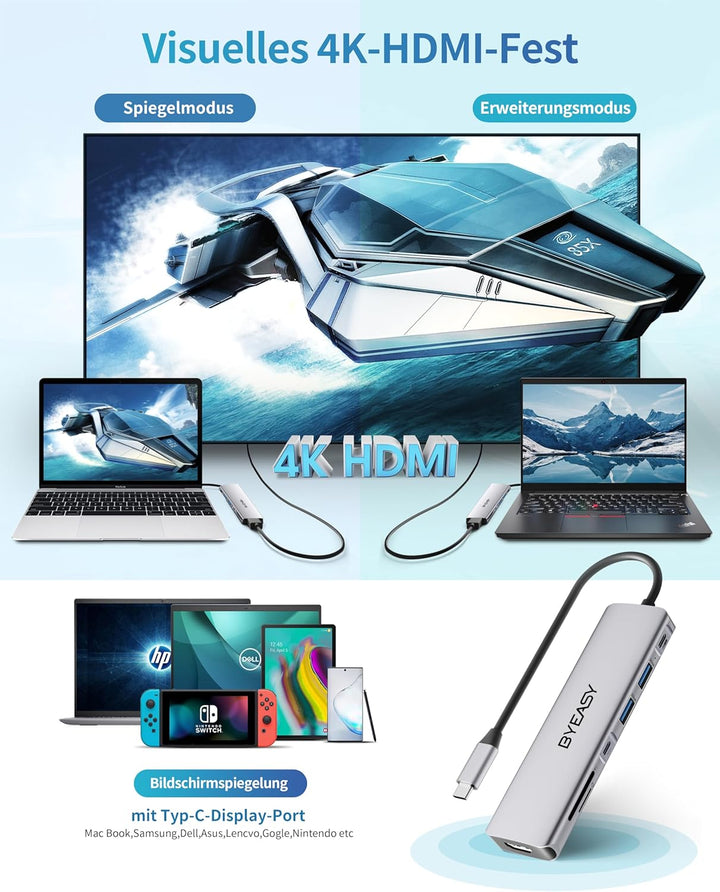 BYEASY USB C Hub, 7IN1 Docking Station, 4K HDMI, 100W PD, Typ-A/C 3.0 5Gbps, SD/TF Kartenleser, Ultr