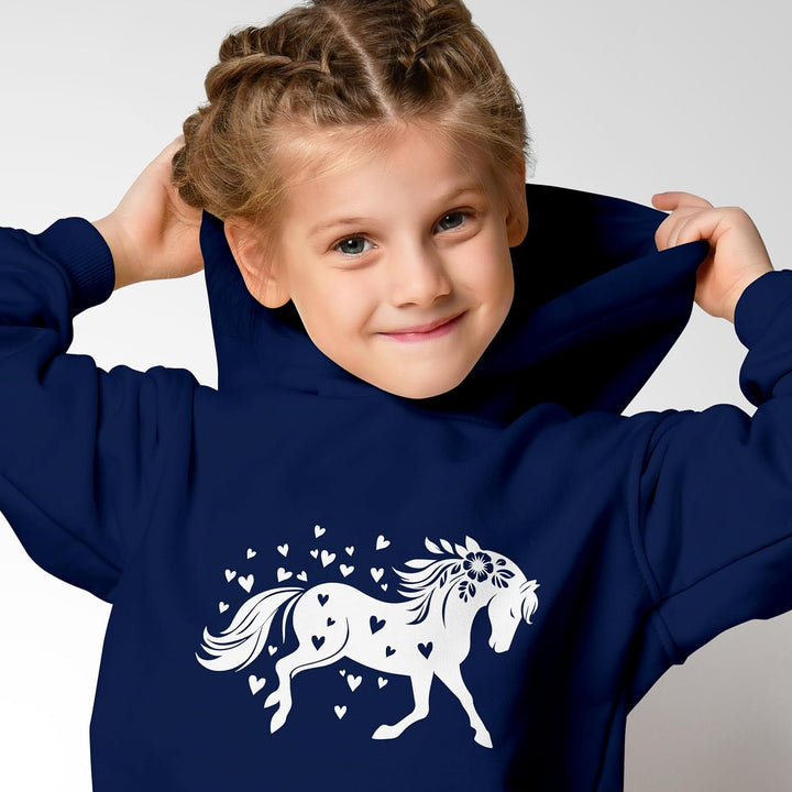 Kinder Hoodie Mädchen Pferde Herzen Motiv Mädchengeschenke mit Pferde Herzchen Print Pferd Blumen 5