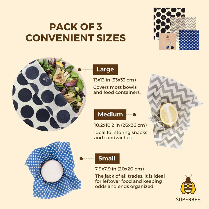 SuperBee Wax Wraps Set 3 Beeswax Wraps in den Grössen S,M &amp; L Hipster Wiederverwendbar, Umweltfreund