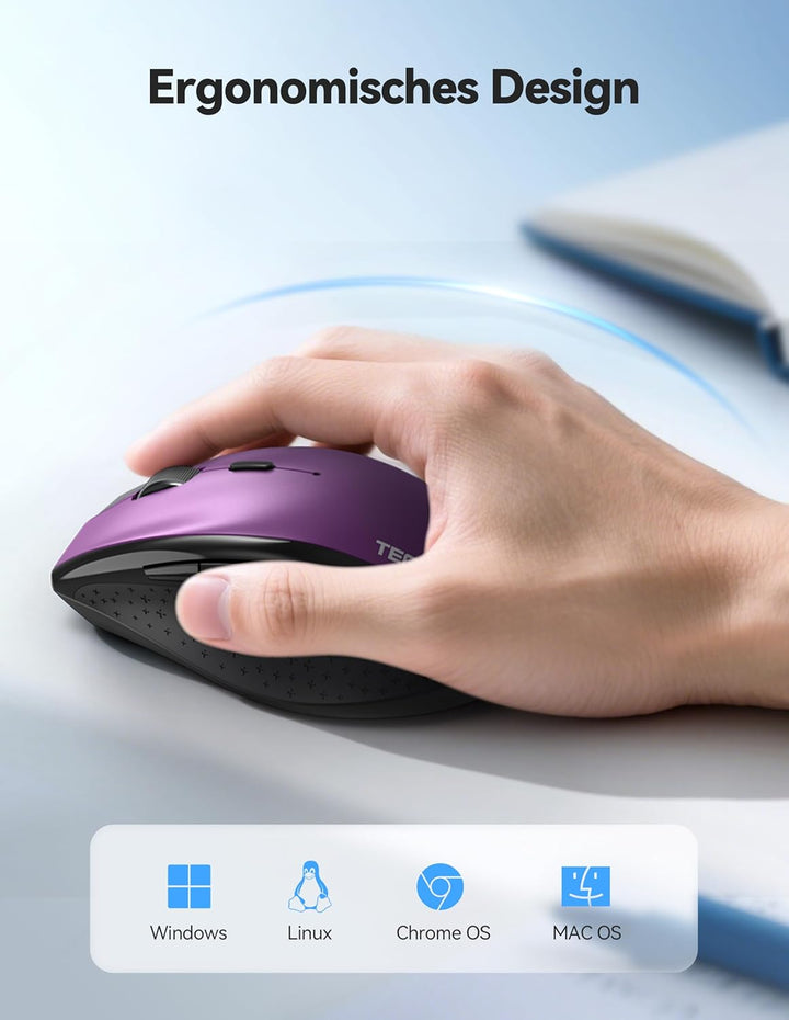 TECKNET PRO Kabellose Maus Wiederaufladbar, Silent Funkmaus 6400 DPI, 2,4 GHz Computermaus, Ergonomi