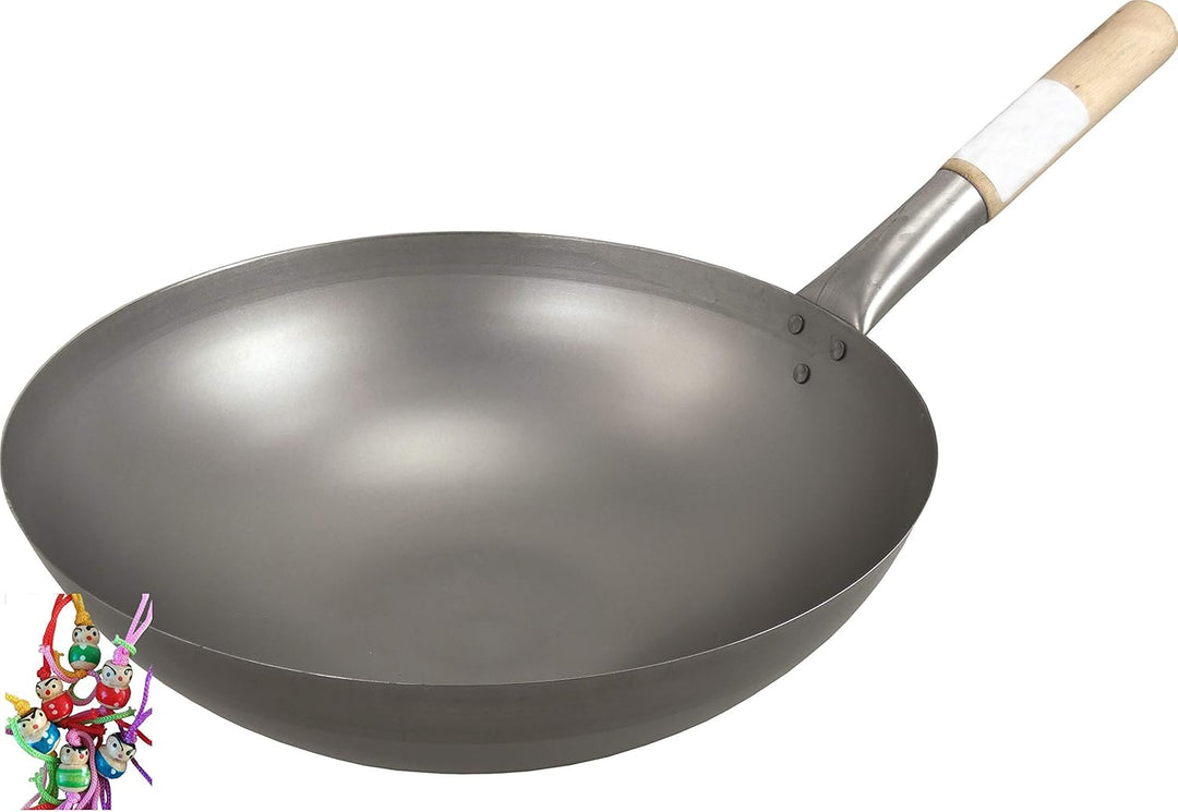 Wok, Asiatische Eisenpfanne, Küchen Wok Ø 35 cm mit runder Boden, Holzgriff + GRATIS ein kleines Glü