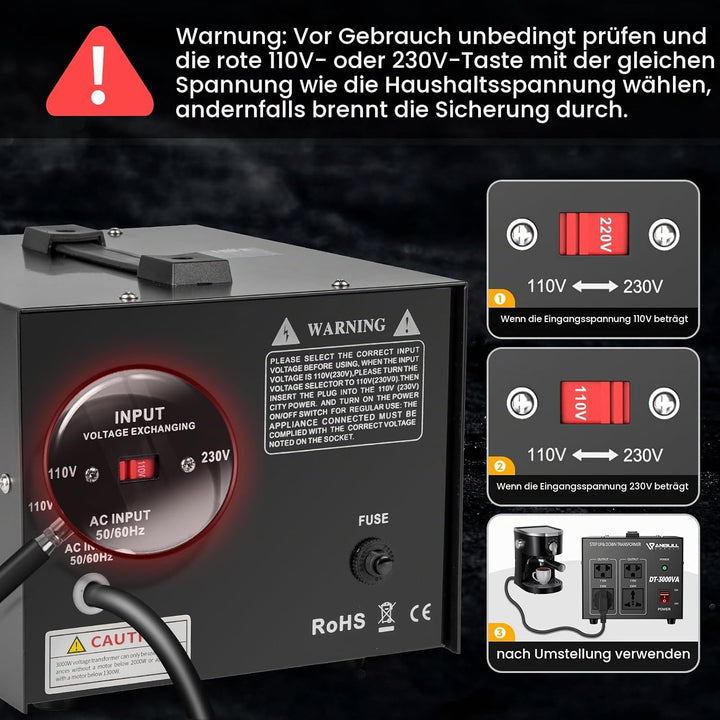 Anbull DT- 2000W Spannungswandler Ringkern-Transformator, Spannungswandler 110V auf 230V, Step up do