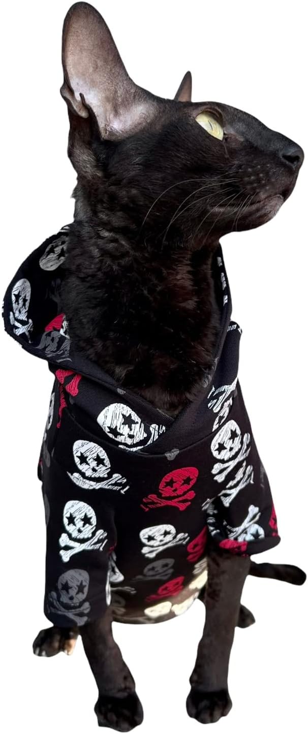 Kotomoda Katzen-Kapuzenpullover mit Totenkopf-Motiv, 100% Baumwolle, fьr Sphynx und nackte Katzen, G