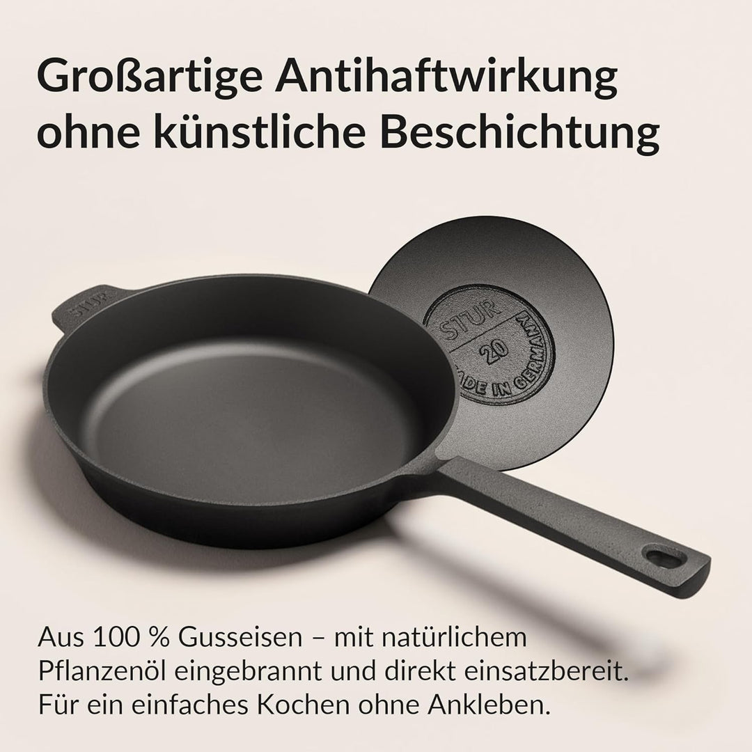 STUR - ORIGINAL Gusseisenpfanne Induktion 20 cm - Cast Iron Pan für alle Herdarten - Pfanne Gusseise