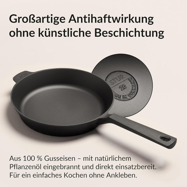STUR - ORIGINAL Gusseisenpfanne Induktion 20 cm - Cast Iron Pan für alle Herdarten - Pfanne Gusseise