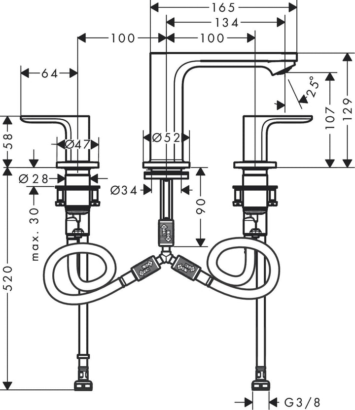hansgrohe 3-Loch Waschtischarmatur Rebris S, Wasserhahn Bad mit Auslauf Höhe 110 mm, mit Zugstange,