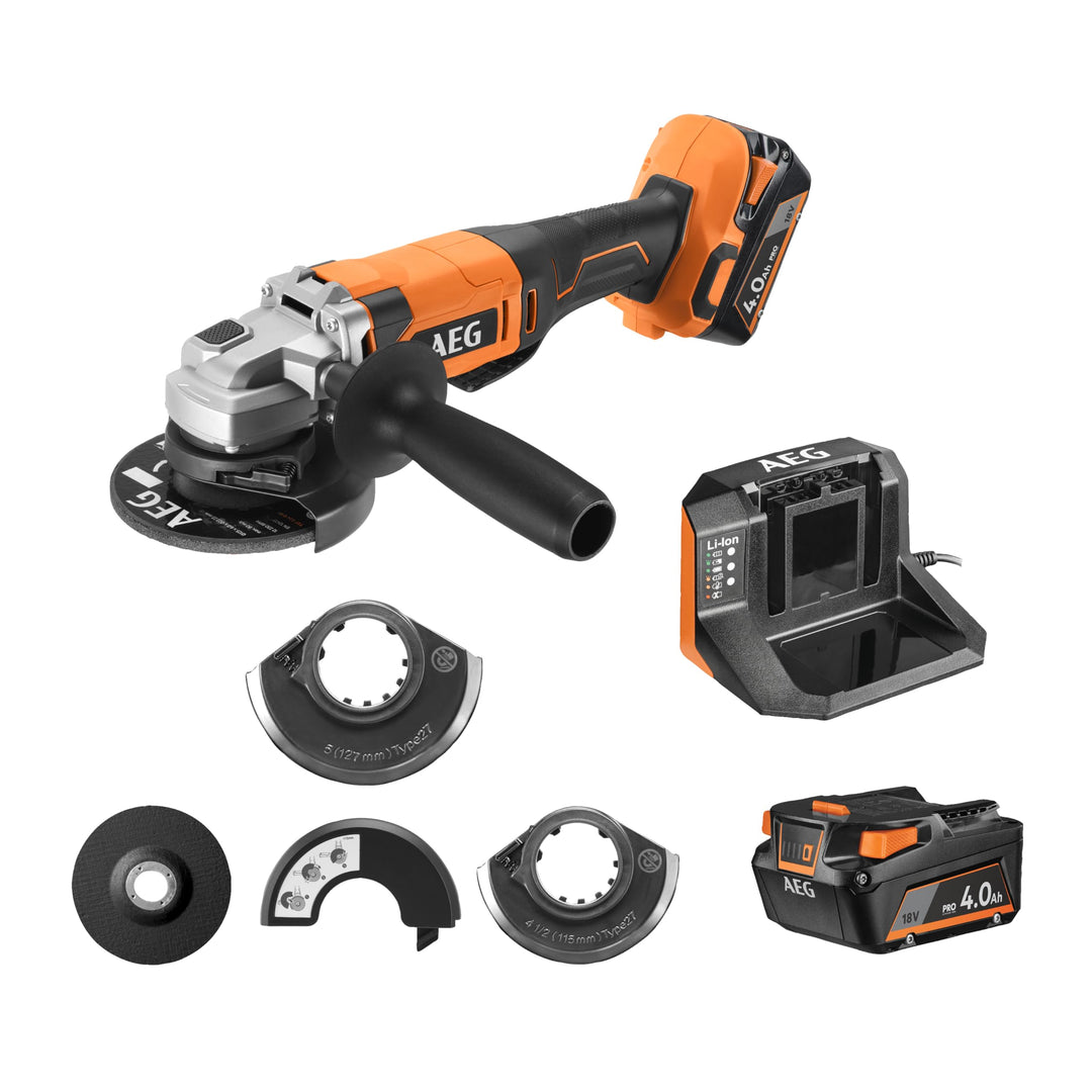 AEG - 125 mm Akku-Winkelschleifer 18 Volt, 9200 U/min mit 2 Pro Lithium-Akkus 4,0 Ah, Ladegerät und