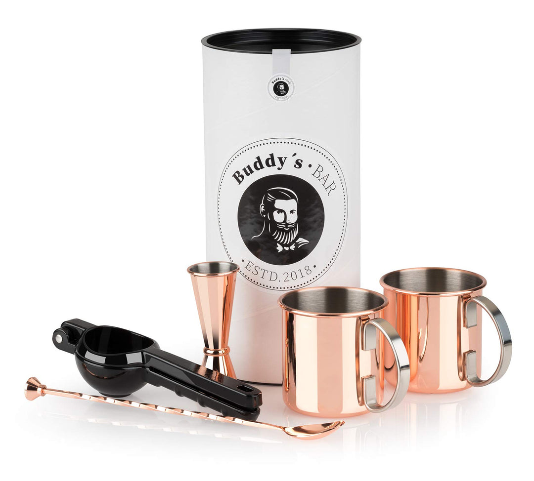 Buddy´s Bar - Moscow Mule Komplett Set, 2 x 500 ml Cocktail-Becher, 27 cm Barlöffel, 5cl Barmass &amp; S
