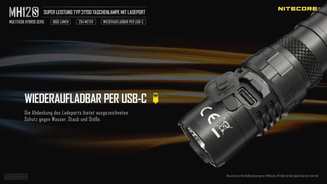NITECORE LED Taschenlampe MH12S - Leuchtleistung max. 1.800 Lumen - 141 mm lang - Per USB-C aufladba