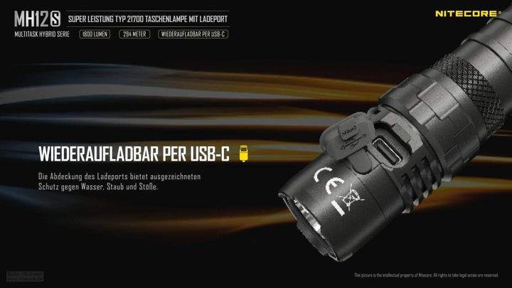 NITECORE LED Taschenlampe MH12S - Leuchtleistung max. 1.800 Lumen - 141 mm lang - Per USB-C aufladba