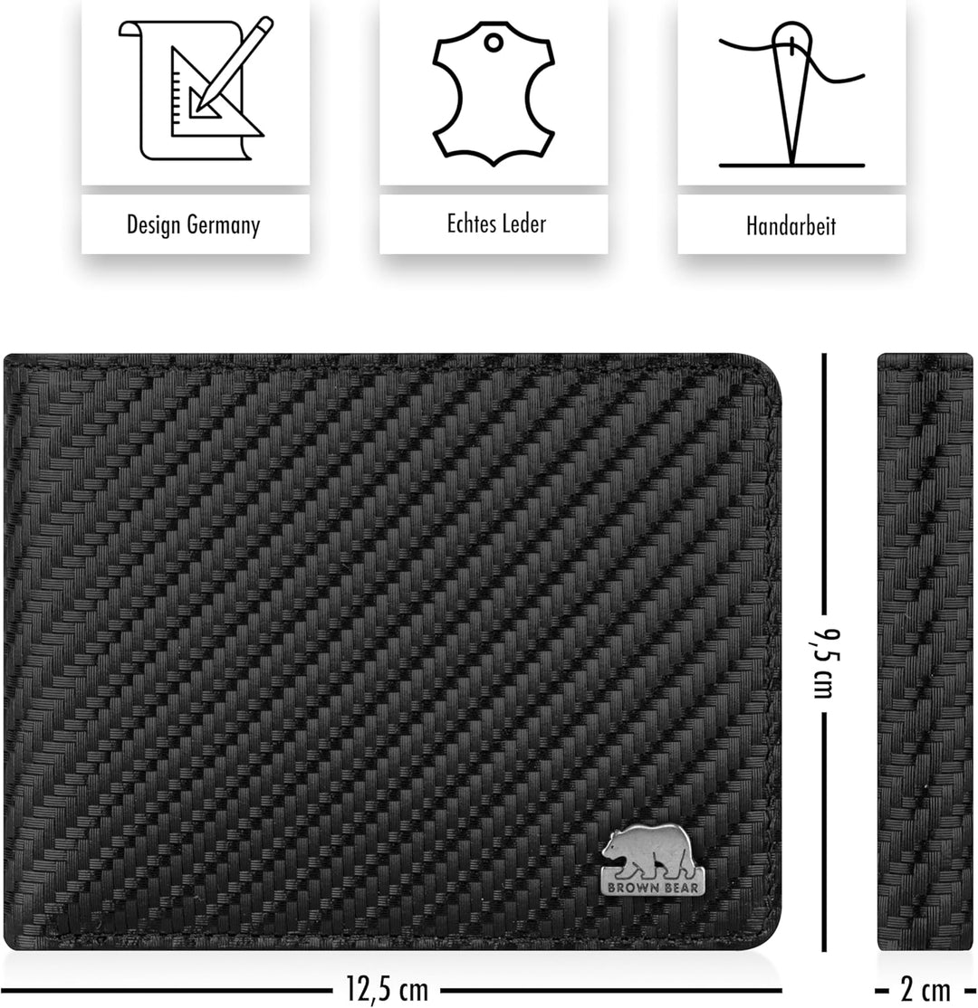 BROWN BEAR Geldbörse Herren Leder mit Münzfach gross | Schwarz Carbon | RFID-Schutz | Echtleder Port