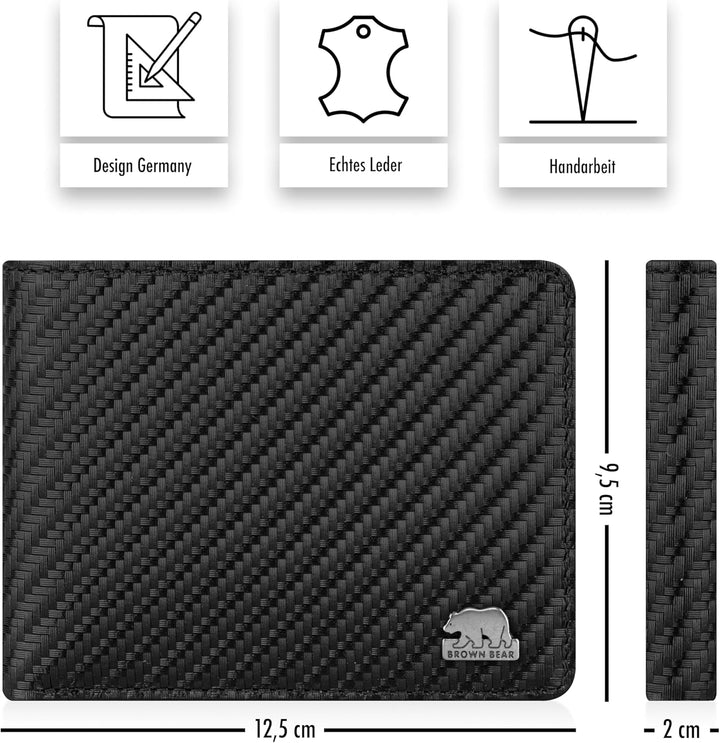 BROWN BEAR Geldbörse Herren Leder mit Münzfach gross | Schwarz Carbon | RFID-Schutz | Echtleder Port