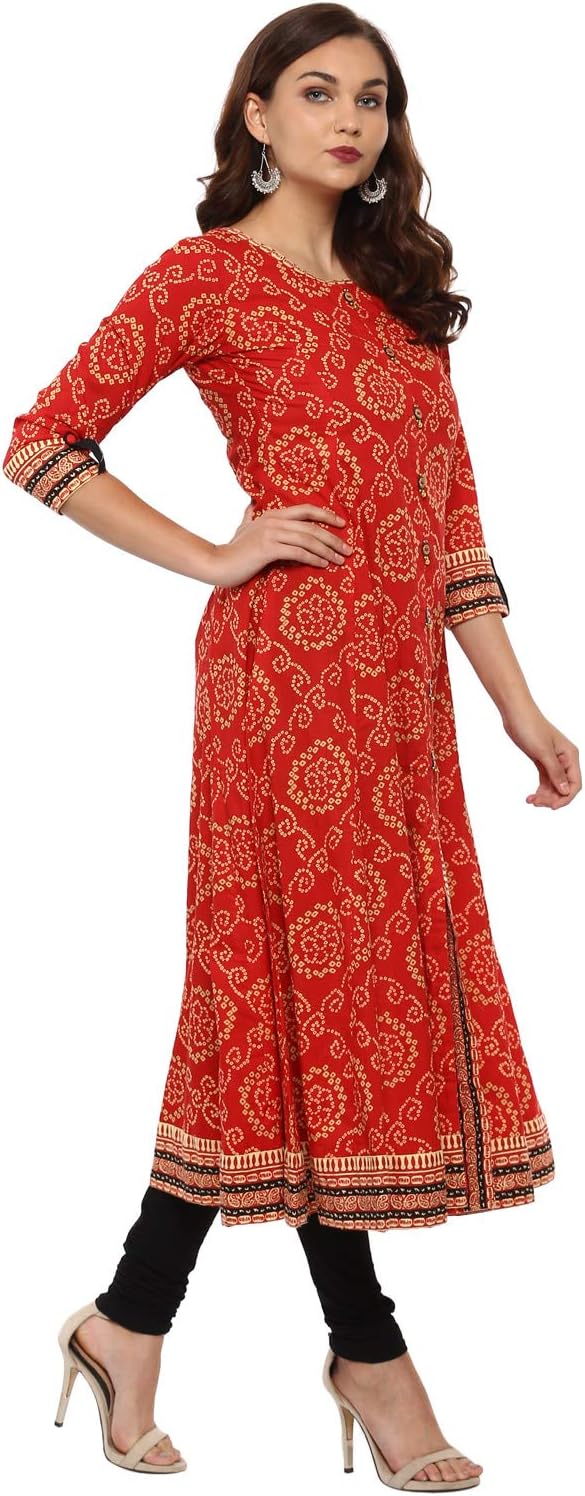 Yash Gallery Indian Tunika Tops Damen Baumwolle Bandhej Print Anarkali Kurta (Rot) L Rot, L Rot