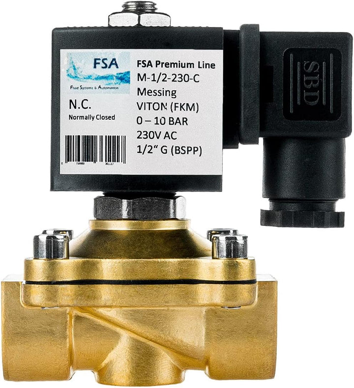 FSA Magnetventil Messing 1/2" 230V AC 0-10 bar Viton stromlos geschlossen, 1/2" 230v Ac