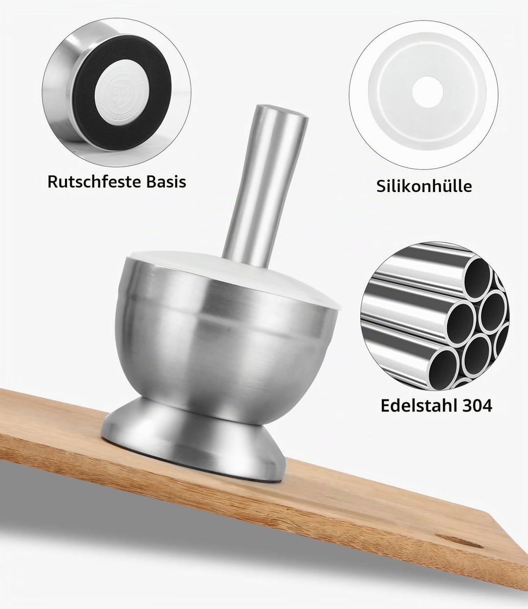 304 Mörser mit Stössel Set mit Stössel Klein, Löffel und Silikondeckel Gewürzmühle Brecher Kräutersc