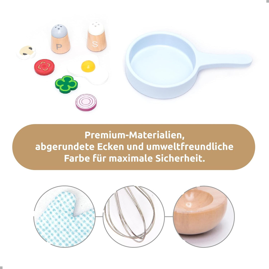 UMU® Kinder Kochset aus Holz mit Geschirr (Töpfe und Pfannen), Schürze, Lebensmittel und mehr, Kinde