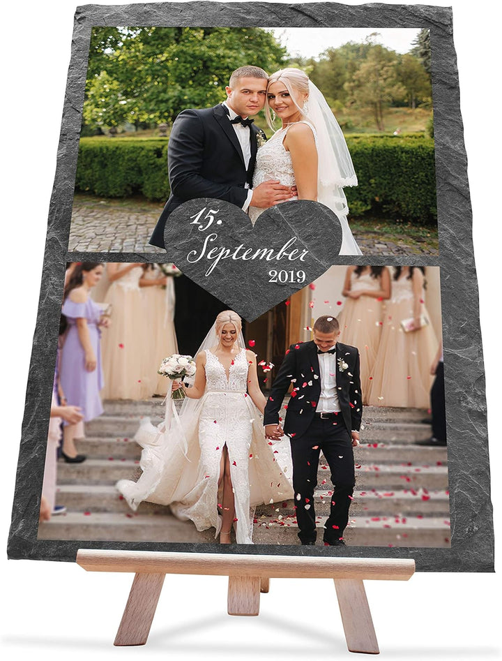 wandmotiv24 Schiefertafel Hochzeit mit Staffelei, Personalisierbar Digitaldruck 2 Farb-Fotos + Datum