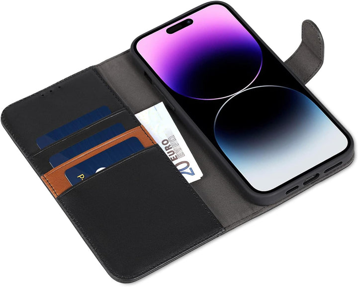LENSUN Echtleder Hülle für iPhone 14 Pro Max, Handyhülle [Echtes Leder][Magnetverschluss][RFID Schut