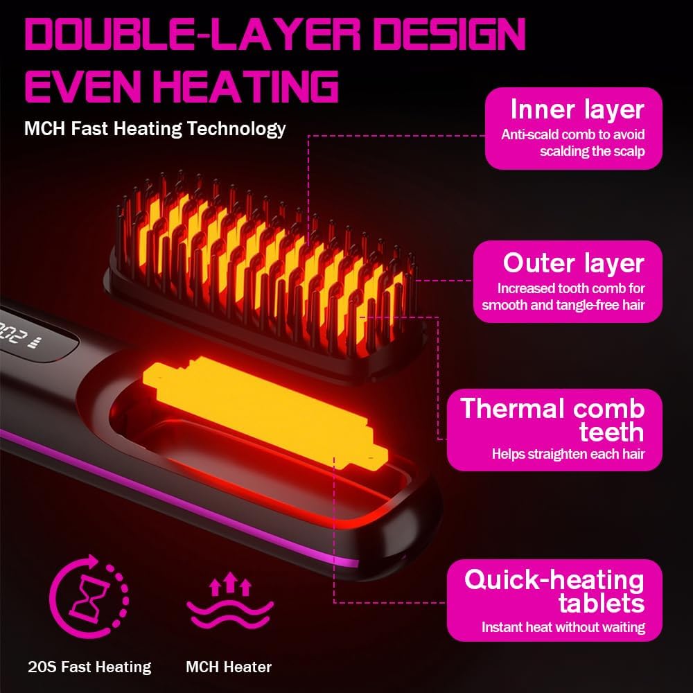 Stylingbürste für Kurze Haare, Haarbürste Elektrisch, Tragbare Glättbürste Kabellos mit LED-Anzeige,