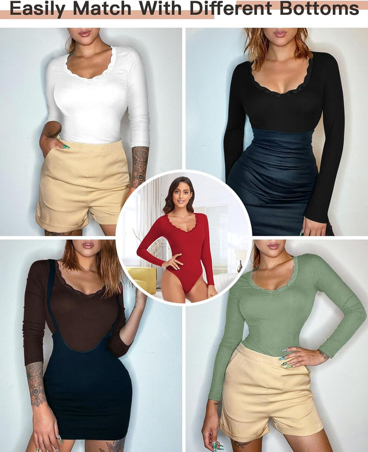 WOWENY Thermo Body Damen Langarm Elegant Langarmbody mit Spitze V-ausschnitt Fleece Bodysuit Warm Be