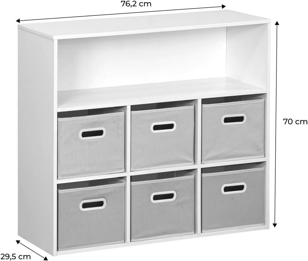 Aufbewahrungsmöbel für Kinder mit 7 Fächern und 3 blauen und 3 grauen Boxen