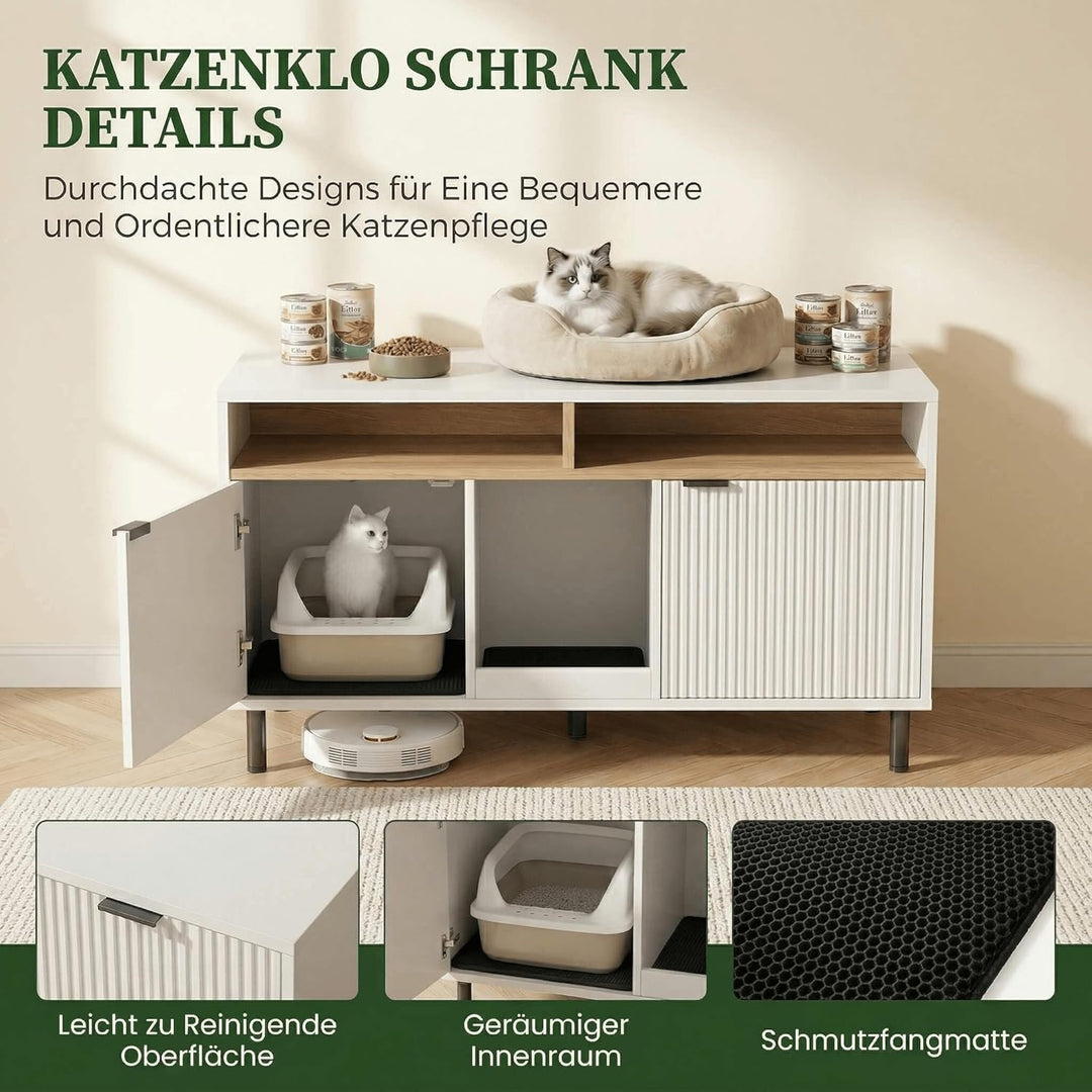 Katzenklo Schrank für 2 Katzen, Weiss, 120 x 50 x 66 cm | MDF, verstecktes Katzenklo Möbel, belüftet