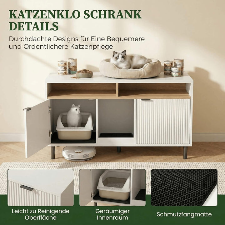 Katzenklo Schrank für 2 Katzen, Weiss, 120 x 50 x 66 cm | MDF, verstecktes Katzenklo Möbel, belüftet