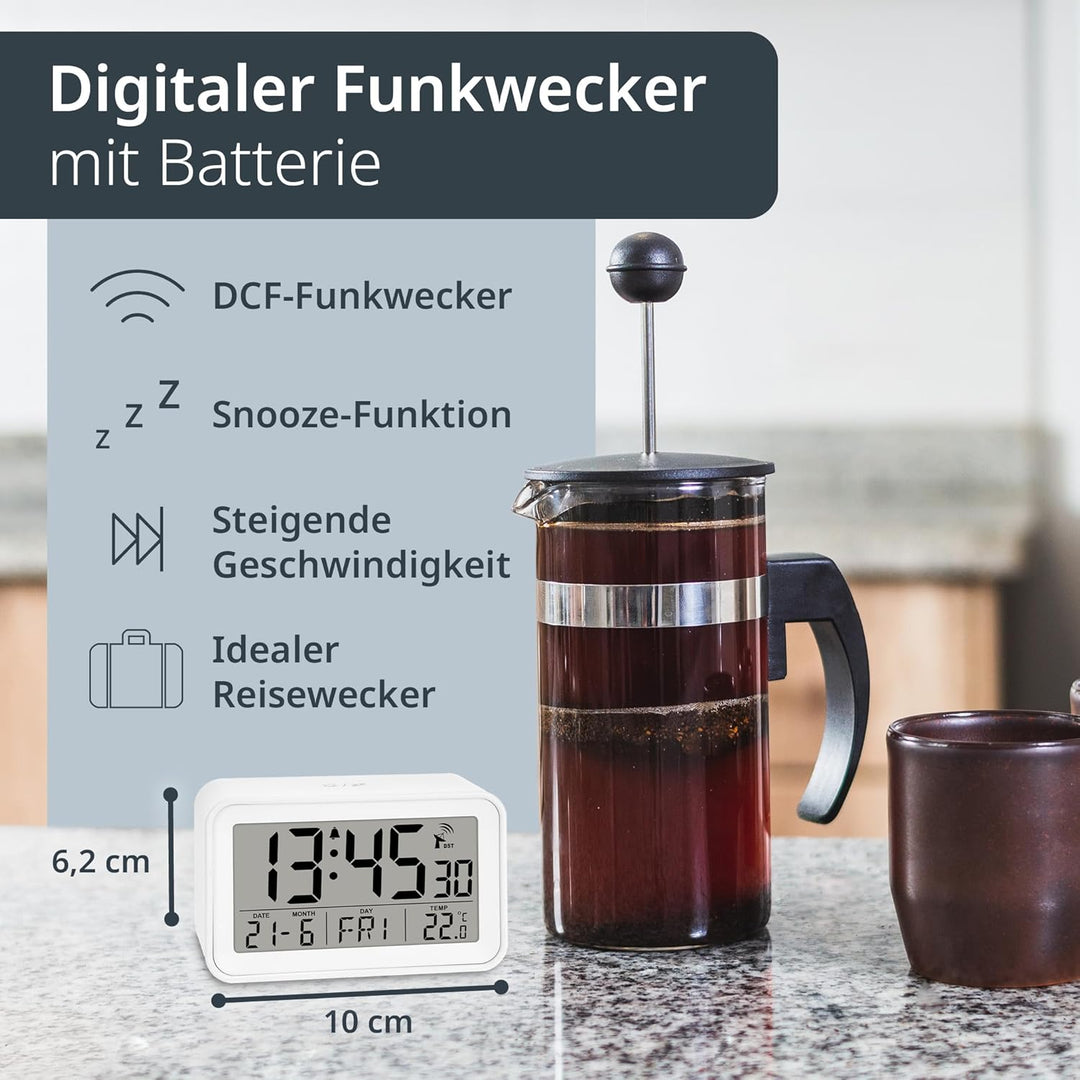 ADE Digitaler Funkwecker mit Licht | Temperaturanzeige und Kalender | kompakter Reisewecker | hübsch