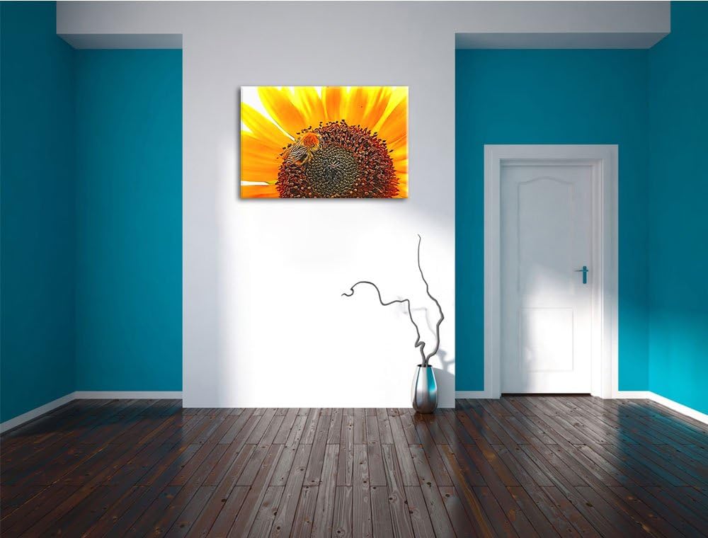 Biene auf Sonnenblume Deluxe Format: 100x70 cm auf Leinwand, XXL riesige Bilder fertig gerahmt mit K