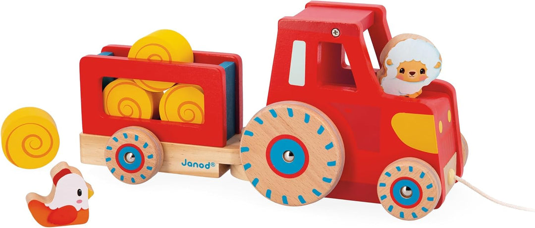 Janod - Traktor zum Ziehen - Baby- und Kleinkindspielzeug - 1 Spielzeugtraktor + 6 Zubehörteile - Ge