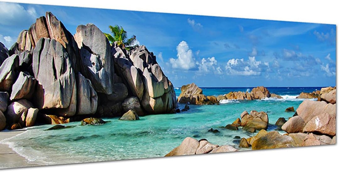Paul Sinus Art Panoramabild auf Leinwand und Keilrahmen 150x50cm Seychellen Strand Meer Felsen
