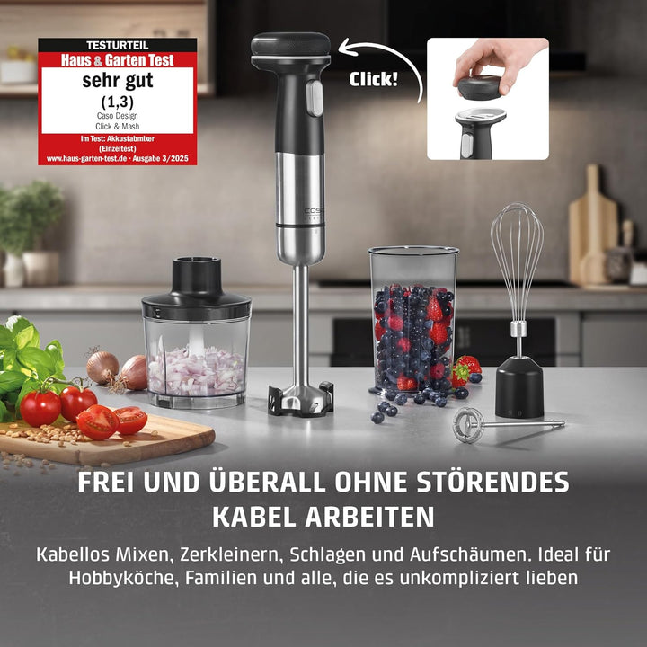 CASO Click & Mash - kabelloses 4 in 1 Stabmixer Set, akkubetrieben, verwendbar als Pürierer, Zerklei