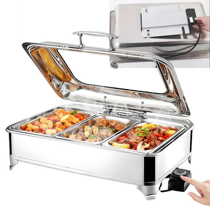 Elektrischer Chafing Dish Glasdeckel, 9L Edelstahl(1/3 Pan), 1/3 Pan