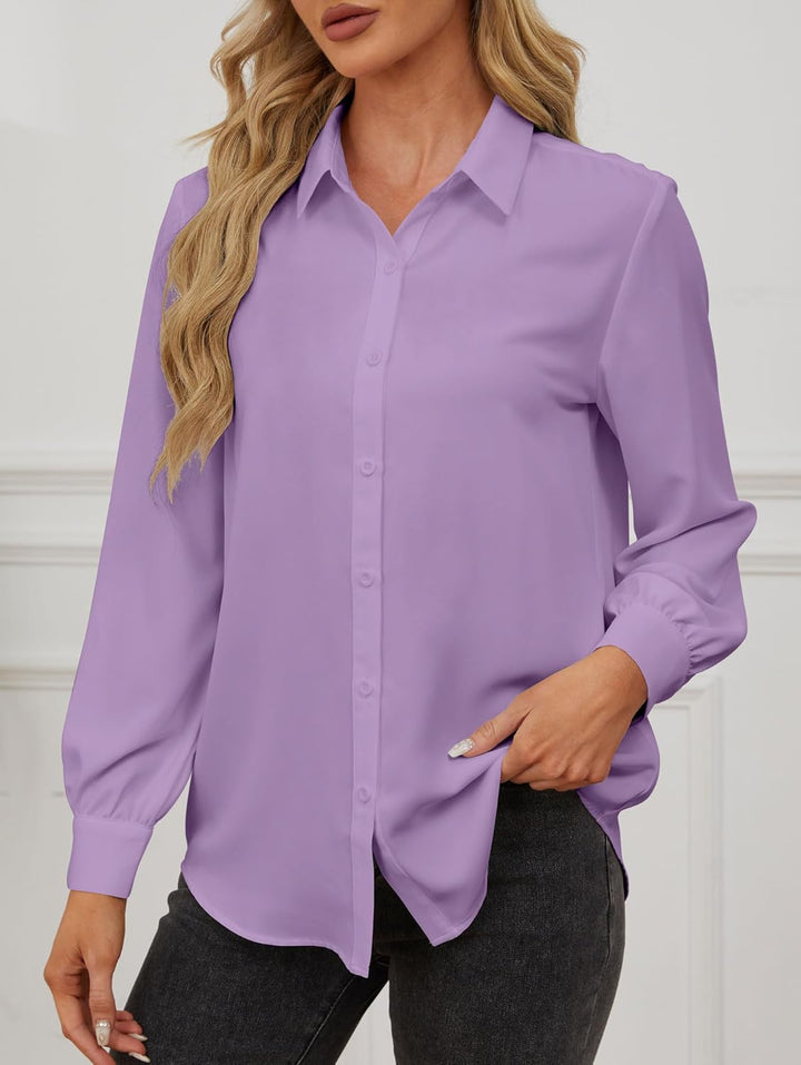 Damen Bluse Langarm Hemden Elegant V-Ausschnitt Button-Down Blusen Shirts Casual Chiffon Hemdbluse O