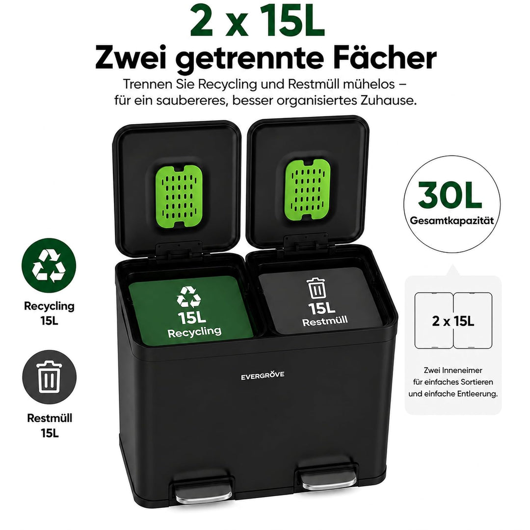 EverGrove 30-Liter-Mülltrennsystem, 2 x 15 L | Gehäuse, Deckel und Pedale aus Edelstahl; zwei PP-Inn